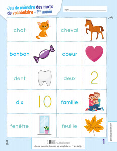Jeu de mémoire des mots de vocabulaire – 1re année