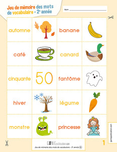 Jeu de mémoire des mots de vocabulaire – 2e année