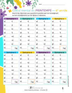 Calcul mental du printemps – 6e année