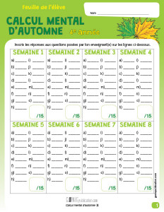 Calcul mental d'automne – 4e année