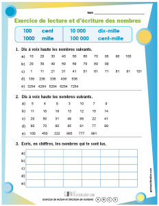 Exercice de lecture et d'écriture des nombres