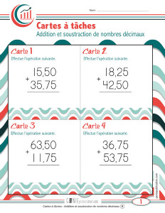 Cartes à tâches – Addition et soustraction de nombres décimaux